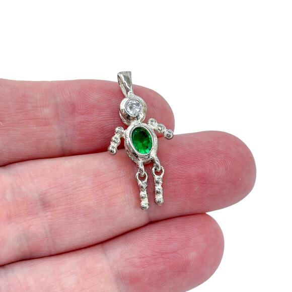 Boy Child Dangle Charm | Green Cubic Zirconia | Sterling Silver 925 Pendant - Picture 1 of 7